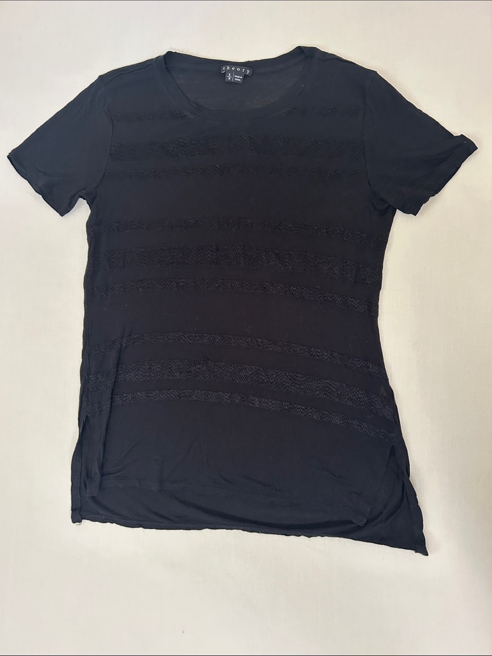 Theory Black Short Sleeve Lace-Striped Tee